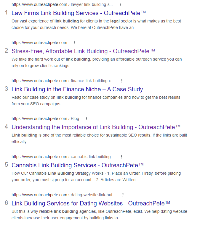 Google results for the "site:outreachpete.com legal link building" search