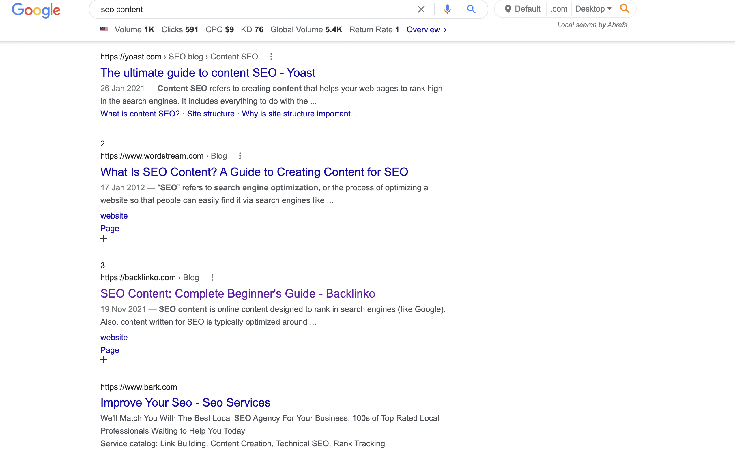 Using Google to search for "SEO content" to analyze search intent.